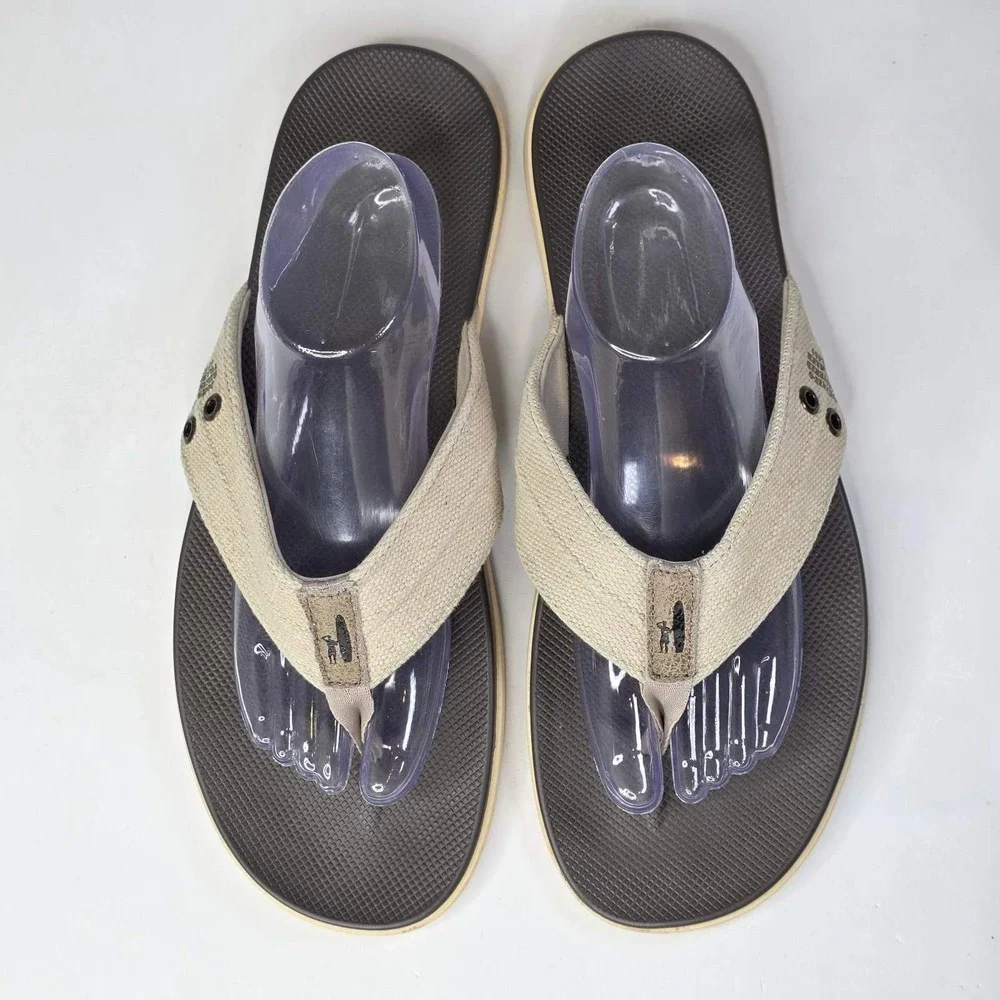 Johnnie-O Portside Mens Khaki Tan Brown Textile Flip Flop Sandals Size 13 M Shoe
